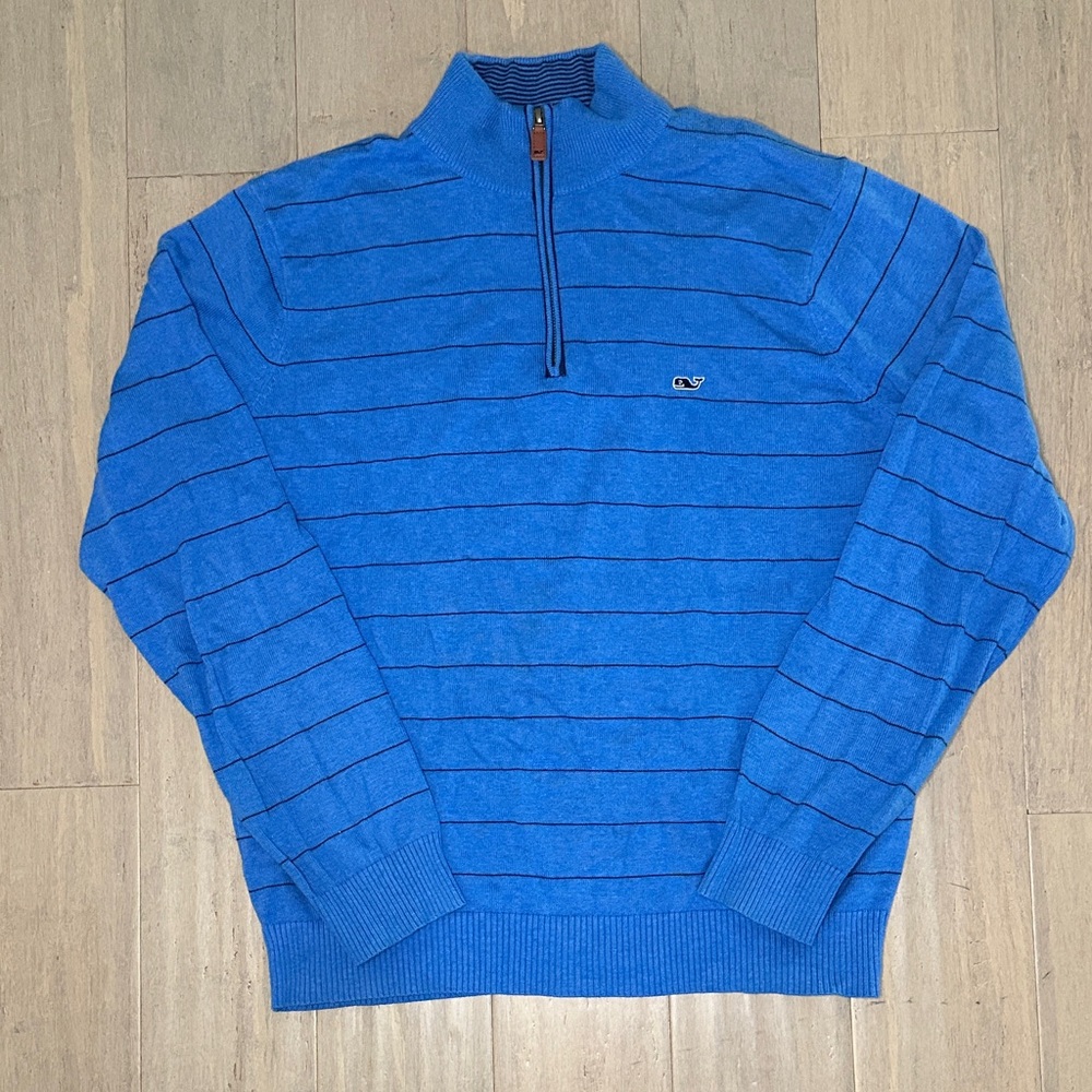 Vineyard Vines Men's Striped Blue Quarter Zip Cotton Sweater